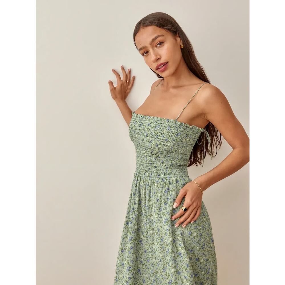 New Reformation Sable Smocked Dress Green Blue Floral Tie Strap Sleeveless Sz L - Picture 1 of 12